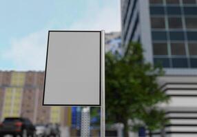 Cartelera en blanco de maqueta 3d en la calle en la representación del centro foto