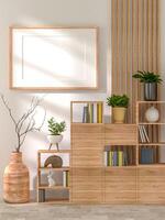 3D illustration mockup blank photo frame in living room rendering