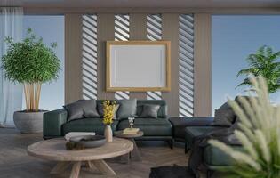 3D mockup blank photo frame in living room rendering