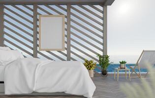 3D mockup blank photo frame in bedroom at pool villa