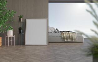 3D mockup blank photo frame in bedroom at pool villa