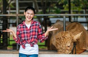 Portrait of Happy young Asian farmer woman looking at camera at dairy cow farm. Agriculture industry, farming, people, technology and animal husbandry concept. photo