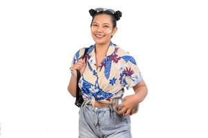 Portrait cute woman in Songkran festival with water bowl photo