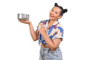 Portrait cute woman in Songkran festival with water bowl photo