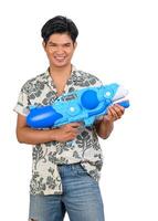 Portrait young man with water bowl in Songkran Festival photo