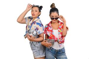 Portrait two women in Songkran festival with water bowl photo