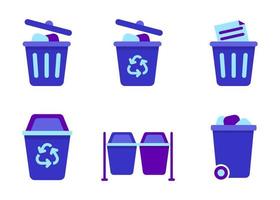 Set of trash can icon in flat style and blue color isolated on white background vector