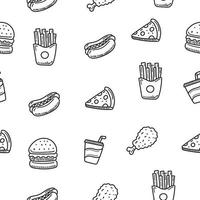 Fast food seamless doodle pattern with a black and white color suitable for background vector