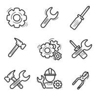 Set of repair and tools icon in doodle style vector