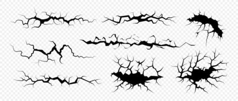 Cracks set for fault effect, earth drying, wall destruction, earthquake. Isolated objects set. Vector illustration.