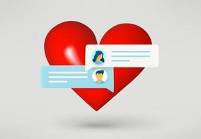 Red heart with speech balloons. Dating via internet concept. 3d vector illustration