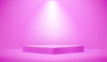 Empty pink illuminated room with square pedestal. Realistic 3d style vector illustration. Template for objects