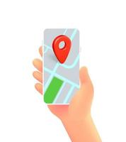 Hand with smartphone and navigation app. 3d vector illustration