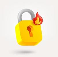 Padlock with flame symbol. 3d vector icon isolated on white background