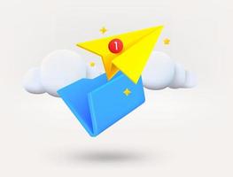 azul carpeta con papel avión. nuevo mensaje concepto. 3d vector ilustración