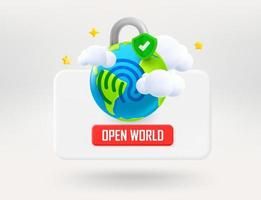 Pop up window with the Erth with fingerprint scaner. Open world concept. 3d vector illustration