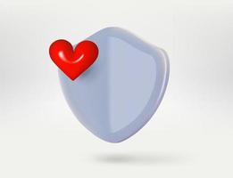 Metal shield with red heartr sign. 3d vector illustration