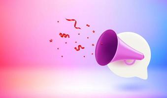 Announcement concept with loud speaker and confetti. Vector 3d banner with doodling