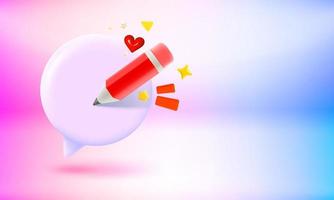 Speech cloud with red pencil. Writng a new message concept. 3d vector banner with copy space