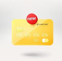 Gold banking card with a NEW label. 3d vector icon isolated on white background