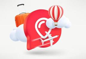 Speech cloud with map pin, bag, balloon and clouds. Travel concept. 3d vector illustration