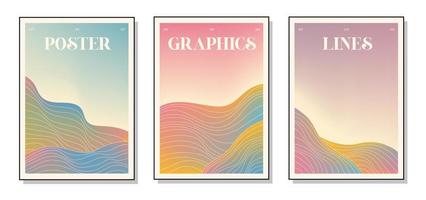 Set of three abstract art posters. Nature and sunset. Hand drawn various shapes and lines. Modern trendy vector illustration. Each background is isolated.