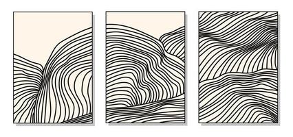 Set of abstract paintings. Abstract shapes, lines. Image of fields, mountains, sun, waves. Vector illustration.