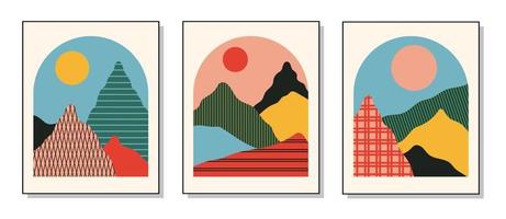 Set of three abstract art posters. Nature and sunset. Hand drawn various shapes and lines. Modern trendy vector illustration. Each background is isolated.