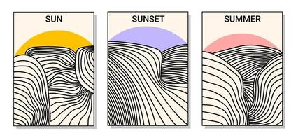 Set of abstract paintings. Abstract shapes, lines. Image of fields, mountains, sun, waves. Vector illustration.