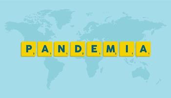pandemia escrito en Español en letras con mundo mapa en gris antecedentes vector