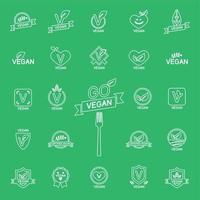 White thin line icons set 24 Icons Vegan food, set of badges, emblems and stamps vector on color background