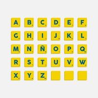 Yellow complete Alphabet uppercase in scrabble letters. Isolate vector illustration ready to compose words and phrases