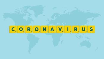 coronavirus en letras con mundo mapa en azul antecedentes vector