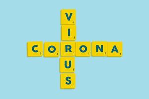 Words CORONA VIRUS on vector  alphabet tiles over a blue background
