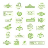 24 eco organic bio logos set of badges, emblems and stamps vector. Vegan, organic, healthy food. vector