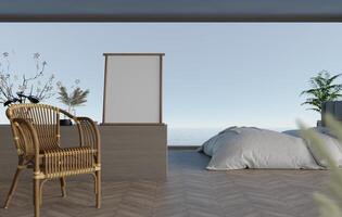 3D mockup blank photo frame in bedroom at pool villa