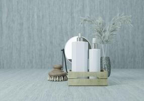 Skin care products on gray background and decorations photo