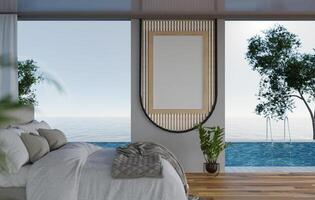 3D mockup blank photo frame in bedroom at pool villa