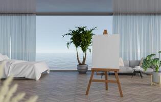 3D mockup blank canvas on Wooden easel in bedroom rendering photo