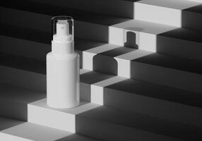 A mock up of realistic White blank cosmetic tube and spray bottle isolated on black background, 3d rendering , 3D illustration photo