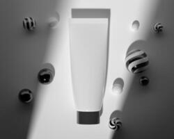 A mock up of realistic White blank cosmetic tube and spray bottle isolated on grey background, 3d rendering , 3D illustration photo