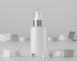 A mock up of realistic White blank cosmetic tube and spray bottle isolated on grey background, 3d rendering , 3D illustration photo