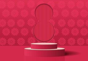 Red pink stand product podium with flower's patterns wall background, product showing post design vector