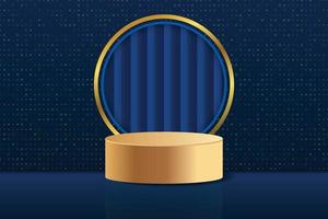 Realistic cylinder pedestal podium with 3D abstract background  . Golden geometric forms with ring and glitter dark blue scene. Luxury minimal scene for cosmetic products, Showcase, Promotion display. vector