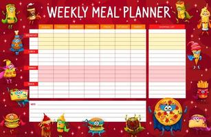 Weekly meal planner with fast food hero characters vector