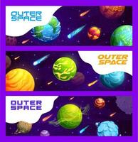 Outer space landscape, cartoon planets and stars vector