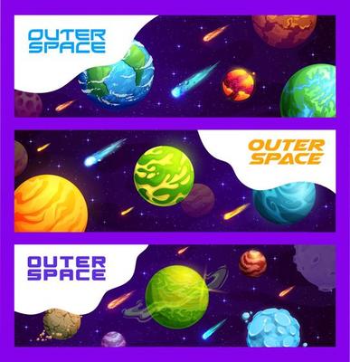 Outer space landscape, cartoon planets and stars