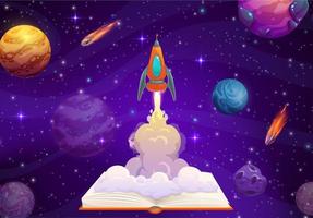 Opened book and rocket launch, business start up vector