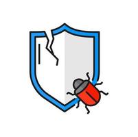 Computer bug and broken shield mobile line icon vector