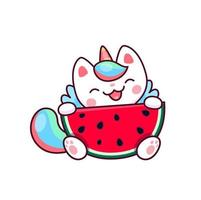 Cartoon kawaii caticorn character with watermelon vector